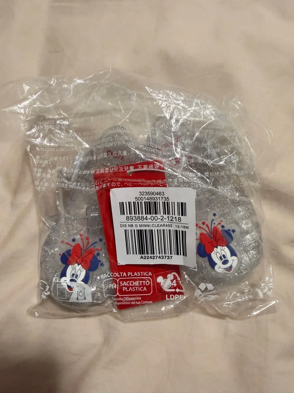 Disney Clear Glitter Kids Slide Sandals with Red Bow Accents